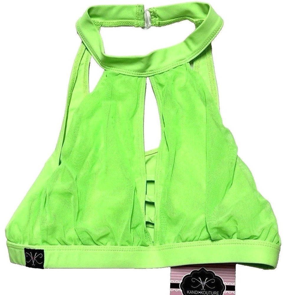 Kandi Kouture Neon Lime Green Mesh Keyhole Halter Dance Top Teen‎ Medium 6/7 NWT